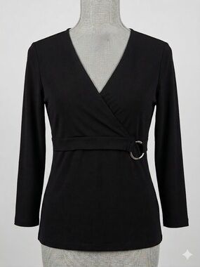 Vintage Wrap-Style Long Sleeve Top with Ring Detail
